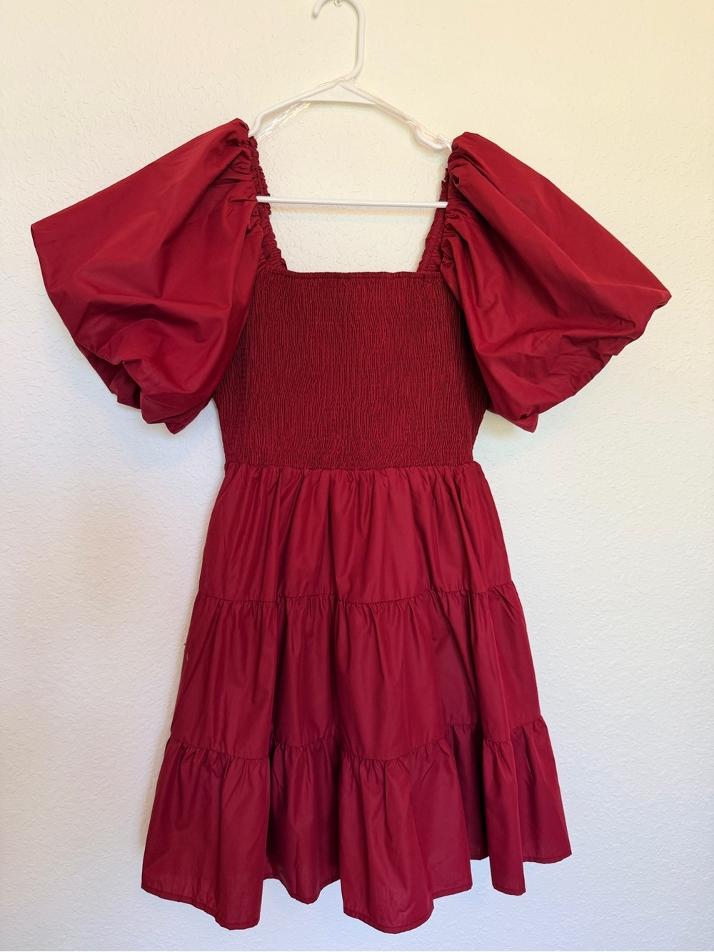 entro Puff-Sleeve Smocked Mini Dress in Deep Red